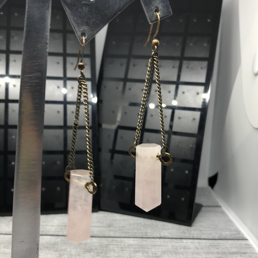 Vintage artisan big pink quartz statement dangle drop earrings boho festival